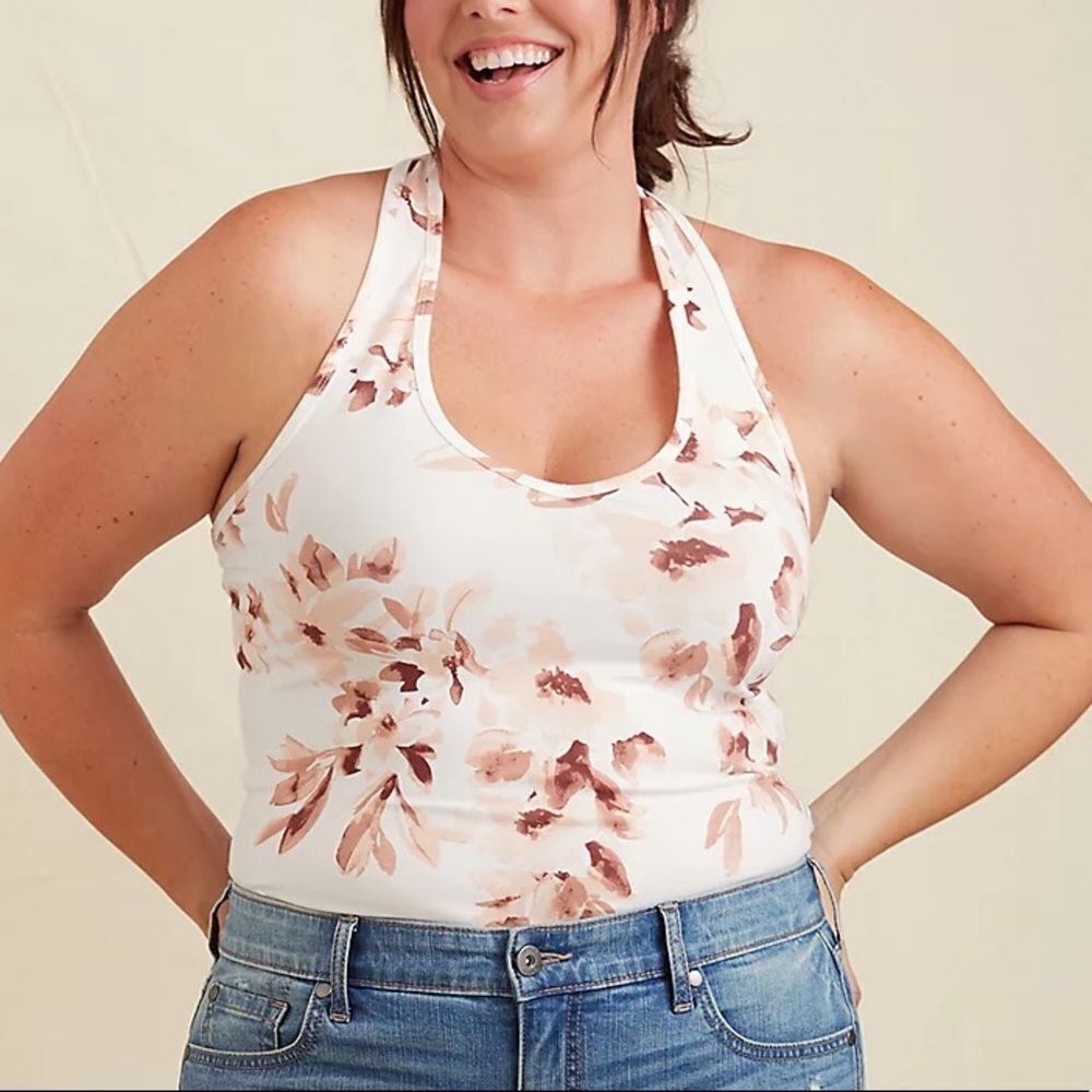 Torrid WHITE and dusty rose FLORAL FOXY HALTER‎ TOP